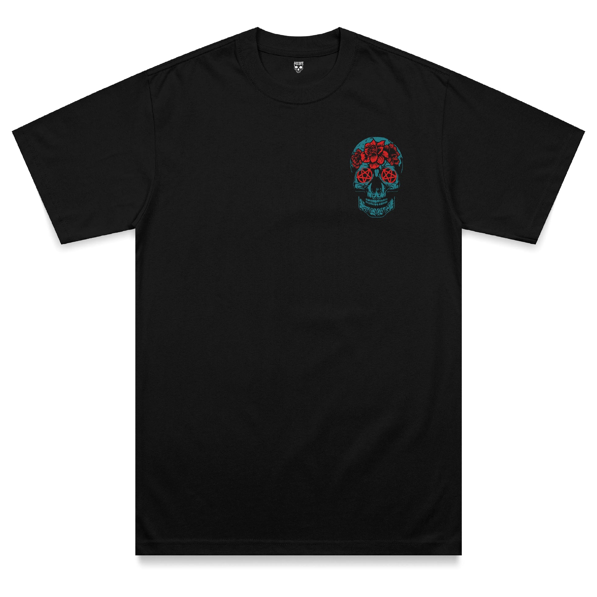 Front view of the Hexed heavyweight t-shirt featuring a bright blue skull chest print with red pentagram eyes and floral tattoo-inspired detailing on a black heavyweight garment.