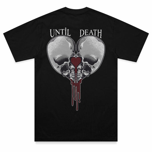 Back view of the Love Kills heavyweight t-shirt featuring a large mirrored skull back print forming a heart shape with dripping blood red detailing and sharp stylised Until Death lettering on a black heavyweight garment.