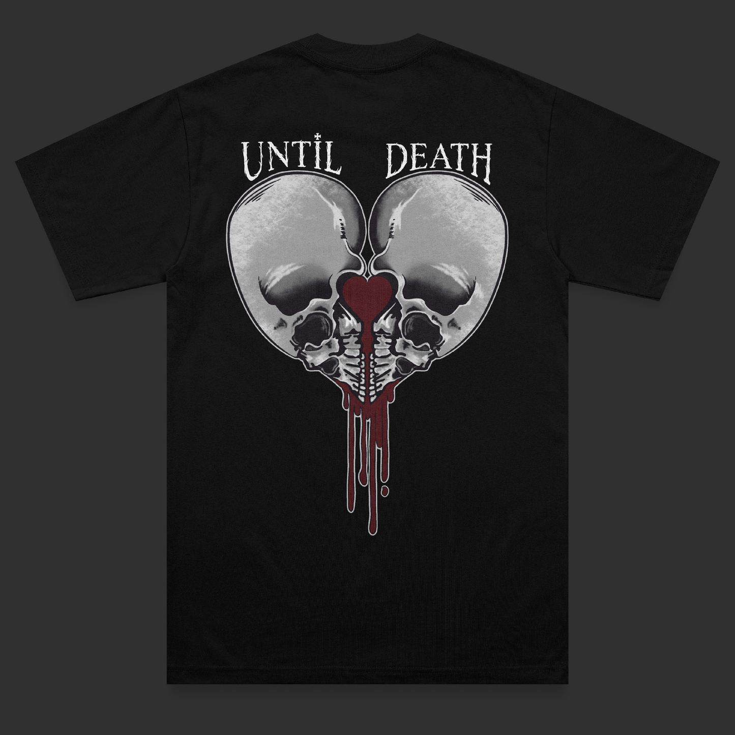 Back view of the Love Kills heavyweight t-shirt featuring a large mirrored skull back print forming a heart shape with dripping blood red detailing and sharp stylised Until Death lettering on a black heavyweight garment.