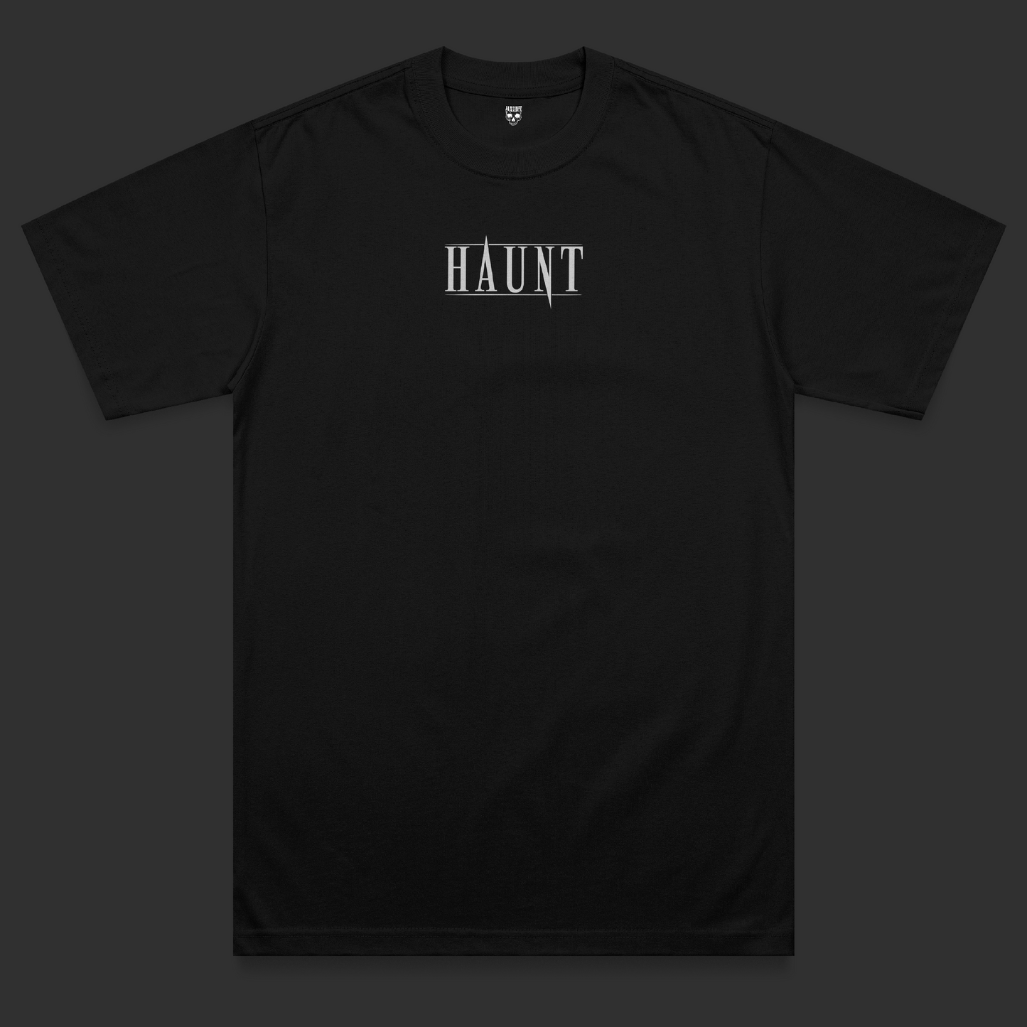 Front view of the Love Kills heavyweight t-shirt featuring a centred grey Haunt logo print on a black heavyweight garment.