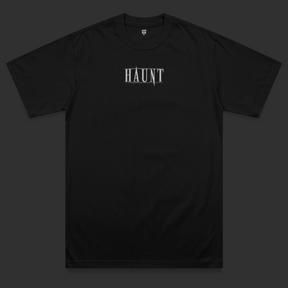 Front view of the Love Kills heavyweight t-shirt featuring a centred grey Haunt logo print on a black heavyweight garment.