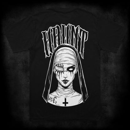 Back view of the Mother Malice occult t-shirt featuring a large occult back print of a sinister bandaged nun with one stitched eye, one hollow pupil, gothic Haunt lettering and an inverted cross detail on a black heavyweight garment.