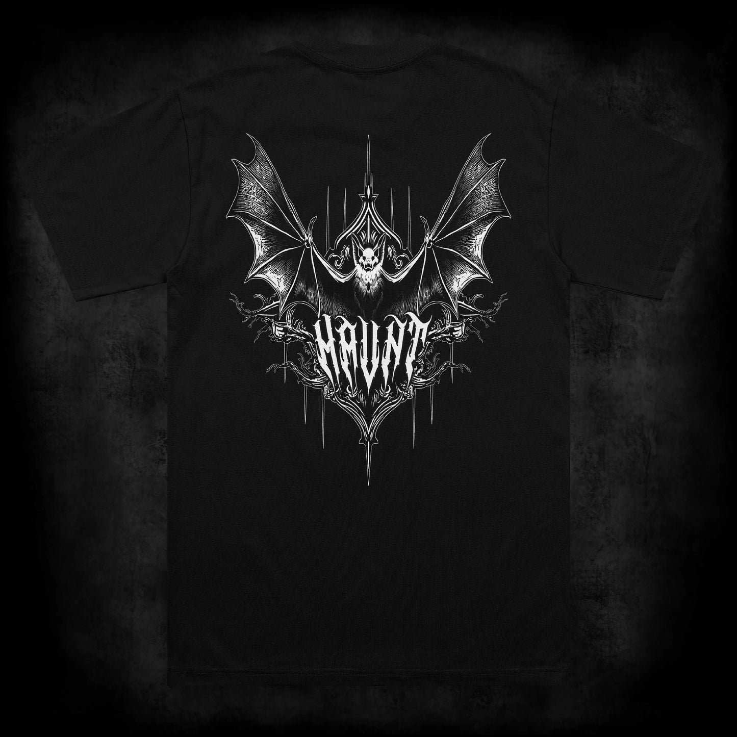 Back view of the Nocturne occult t-shirt featuring a large occult back print of a bat with spread wings above gothic Haunt lettering and thorn details on a black heavyweight garment.