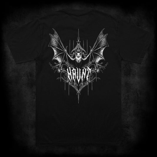 Back view of the Nocturne occult t-shirt featuring a large occult back print of a bat with spread wings above gothic Haunt lettering and thorn details on a black heavyweight garment.