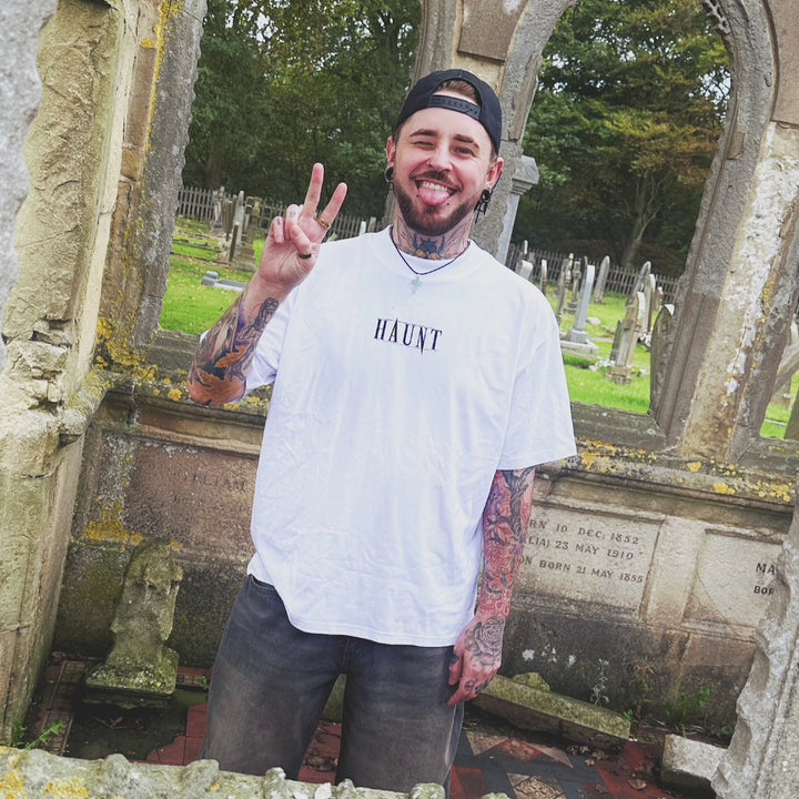 Peter in Haunt Obsession t-shirt, skull design streetwear