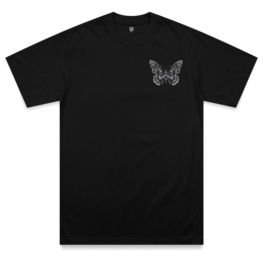 Front view of the Omen heavyweight t-shirt featuring a black and grey moth chest print with skull-inspired detailing on a black heavyweight garment.
