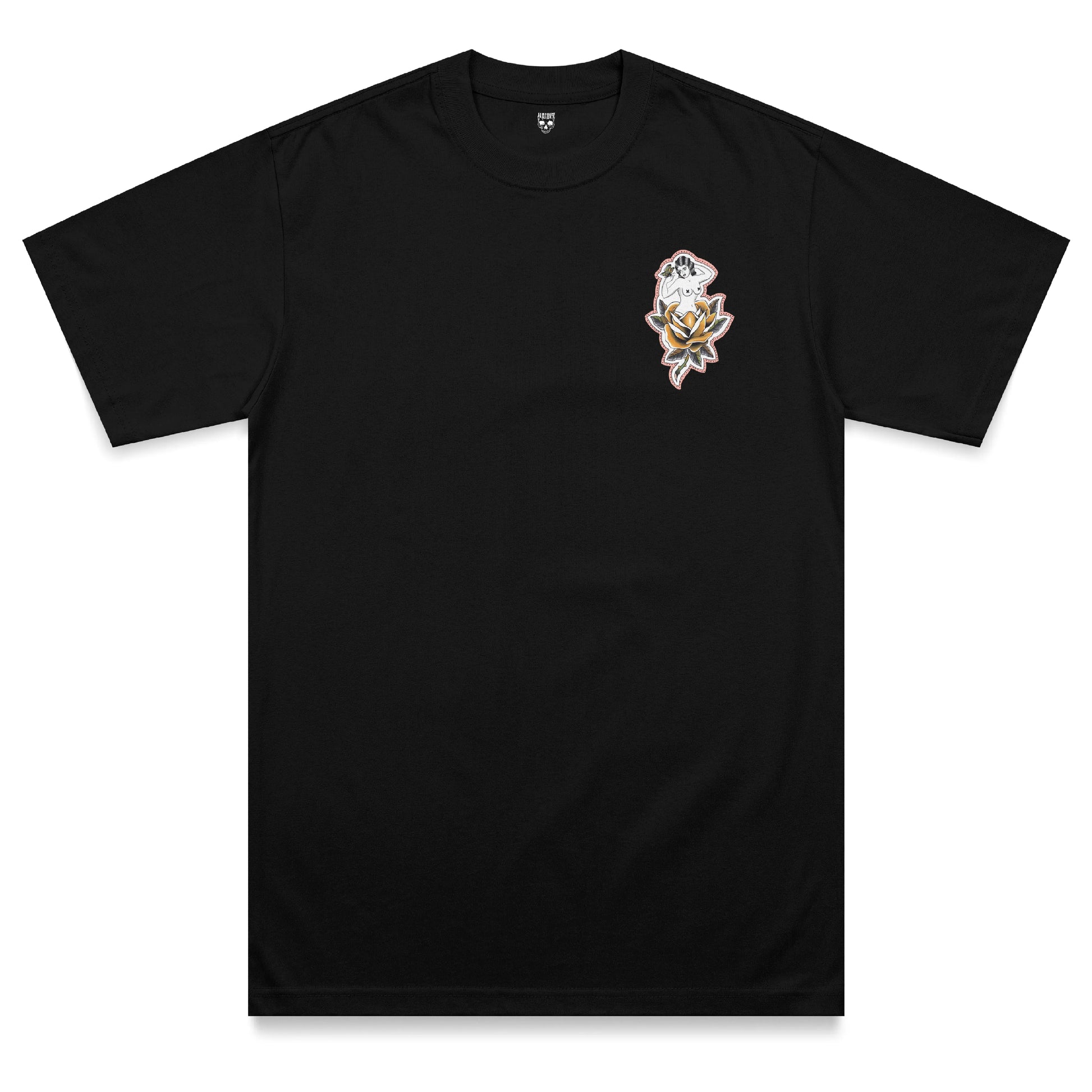 Front view of the Softcore Bloom heavyweight t-shirt featuring a traditional tattoo-inspired pin-up illustration emerging from a golden rose with butterfly detailing on a black heavyweight garment.