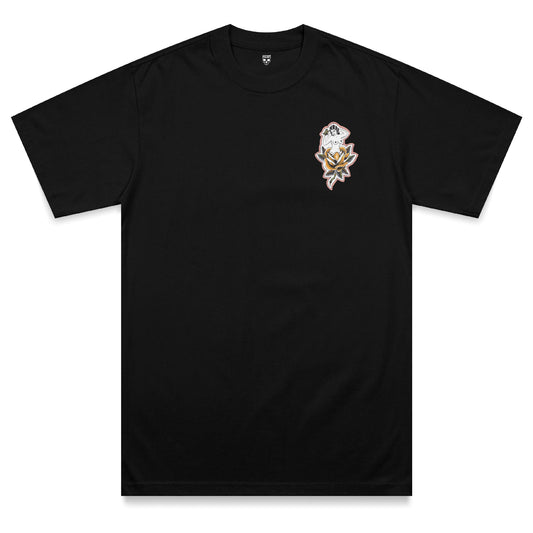 Front view of the Softcore Bloom heavyweight t-shirt featuring a traditional tattoo-inspired pin-up illustration emerging from a golden rose with butterfly detailing on a black heavyweight garment.