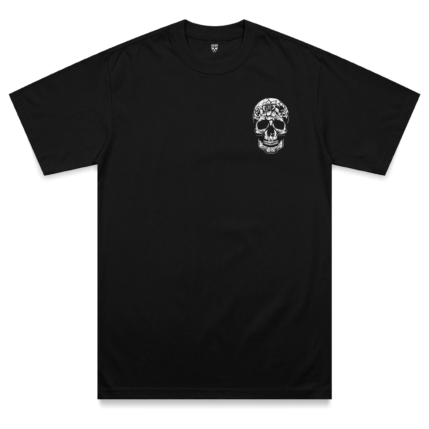 Front view of the Vacant heavyweight t-shirt featuring a small floral skull chest print with blackwork-inspired detailing on a black heavyweight garment.