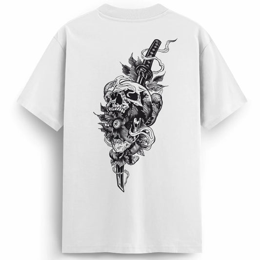 Back of the Katana Killer t-shirt featuring a skull with an eyeball in its mouth, pierced by a katana sword, surrounded by flower petals and banners in bold black and white traditional tattoo art.