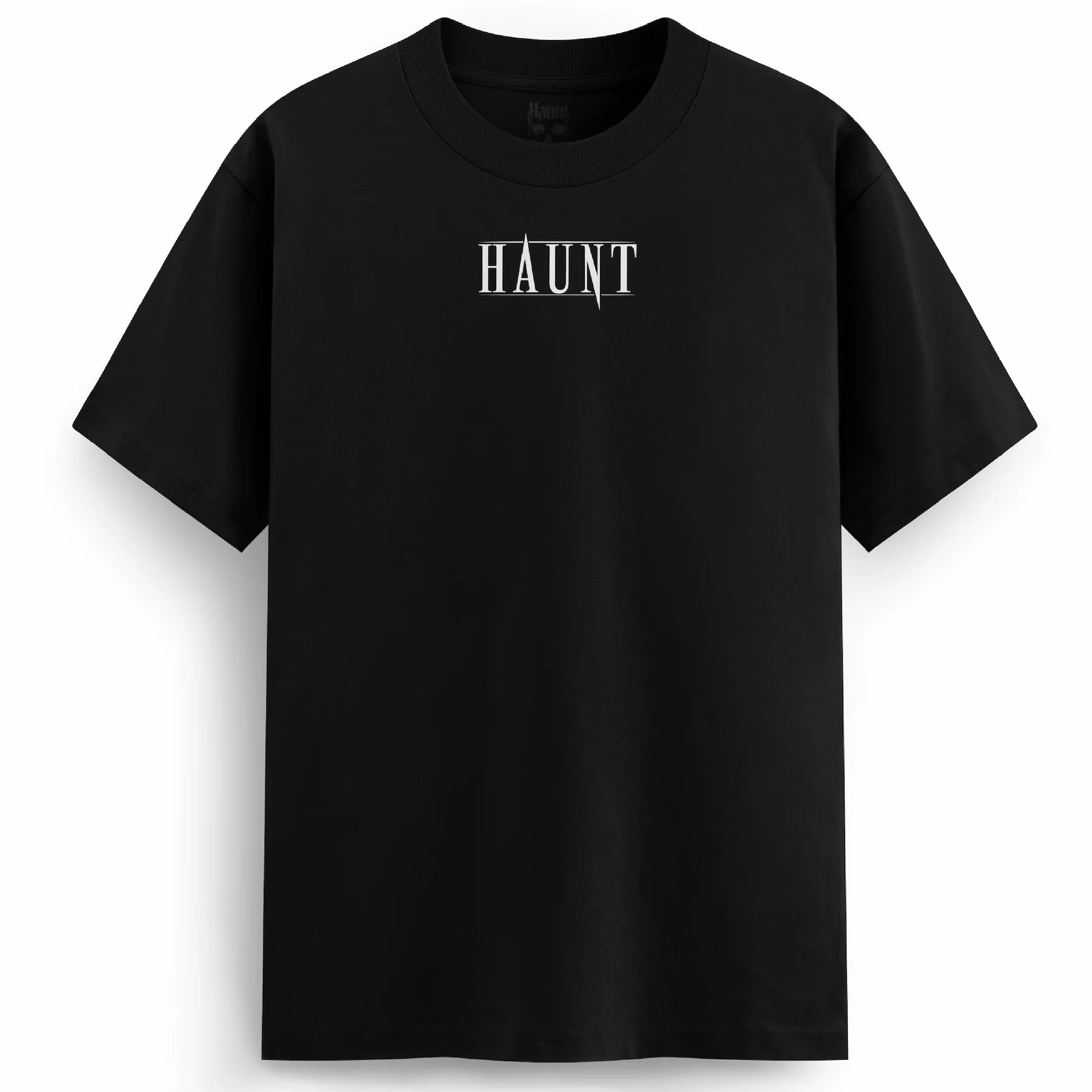 Front of the black Love Kills t-shirt from Haunt, featuring a bold Haunt logo. Oversized, premium fit with tattoo-inspired styling.