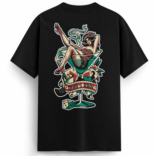 Back of the Man’s Ruin t-shirt showing a vintage-style tattoo design of a lady lounging in a martini glass with a gun, cigarette, and dice, in full-color traditional ink style.