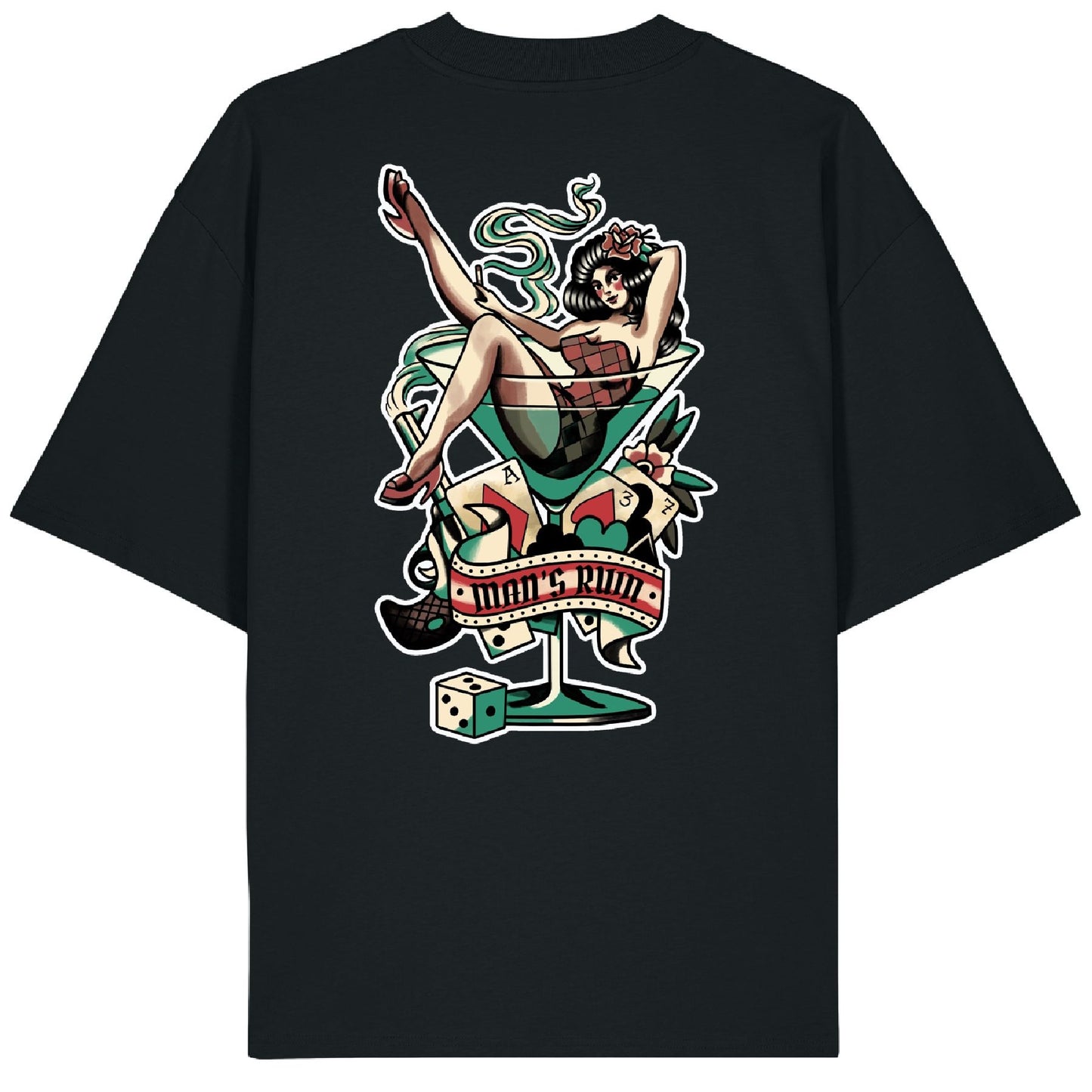 Back of the Man’s Ruin t-shirt showing a vintage-style tattoo design of a lady lounging in a martini glass with a gun, cigarette, and dice, in full-color traditional ink style.