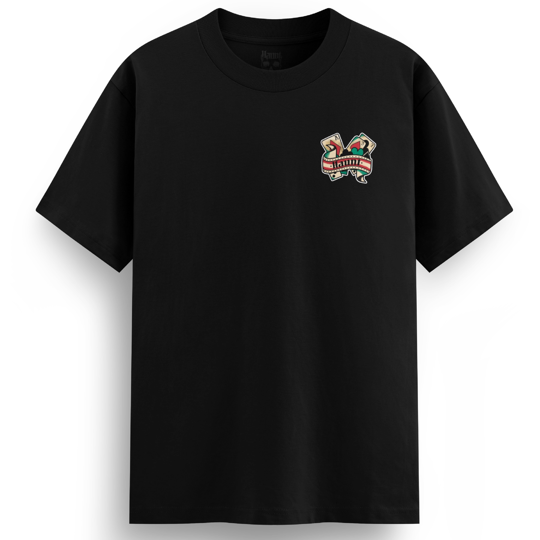 Front of Man's Ruin t-shirt, heavyweight , over-sized black t-shirt featuring a Haunt logo in a scroll with cards and dice.