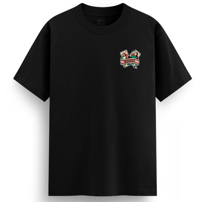Front of Man's Ruin t-shirt, heavyweight , over-sized black t-shirt featuring a Haunt logo in a scroll with cards and dice.