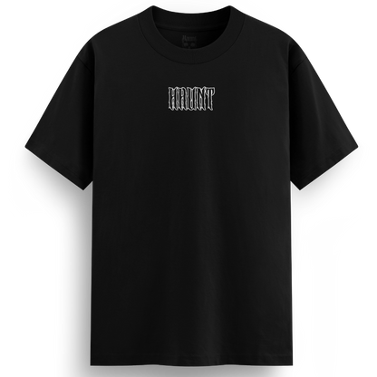 Front of the Mother Malice black t-shirt from Haunt’s Premium Collection, featuring the bold white Haunt logo in metal writing across the chest.