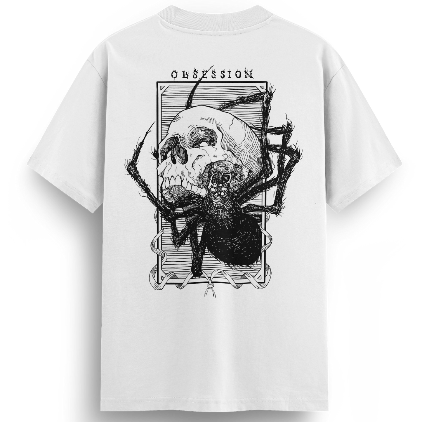 Back of the Obsession white t-shirt showcasing a bold black linework tattoo-style illustration of a skull being devoured by a spider, framed with the word “OBSESSION” at the top.