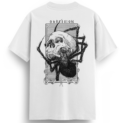 Back of the Obsession white t-shirt showcasing a bold black linework tattoo-style illustration of a skull being devoured by a spider, framed with the word “OBSESSION” at the top.