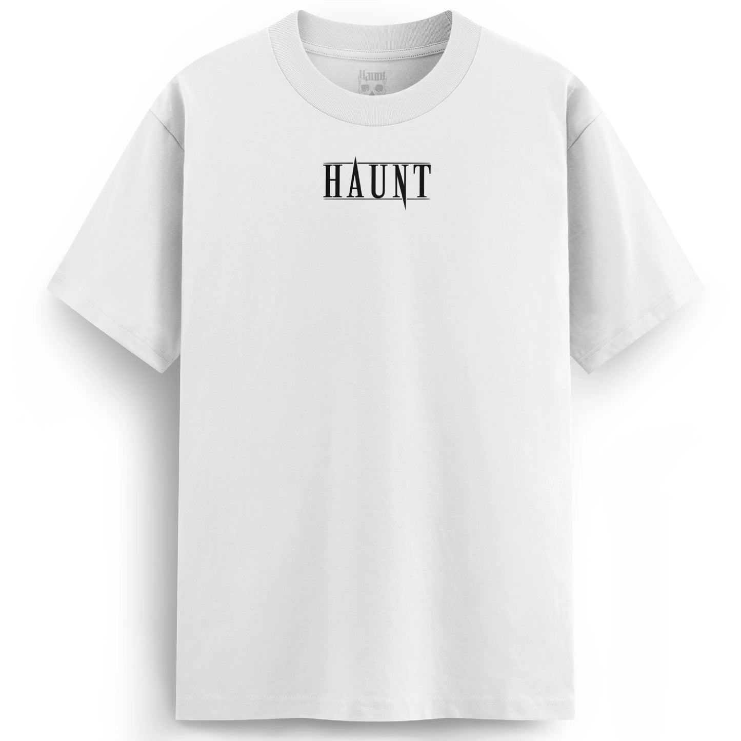 Front of the Obsession white t-shirt from Haunt’s Premium Collection, featuring the bold black Haunt logo across the chest.