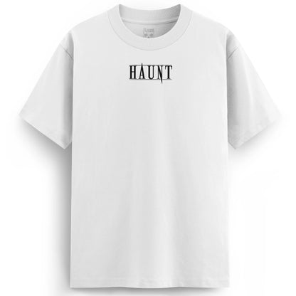 Front of the Obsession white t-shirt from Haunt’s Premium Collection, featuring the bold black Haunt logo across the chest.