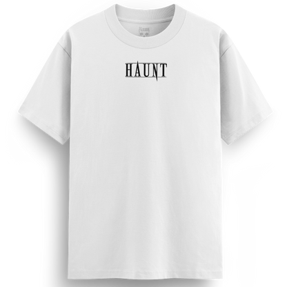 Front of the Obsession white t-shirt from Haunt’s Premium Collection, featuring the bold black Haunt logo across the chest.
