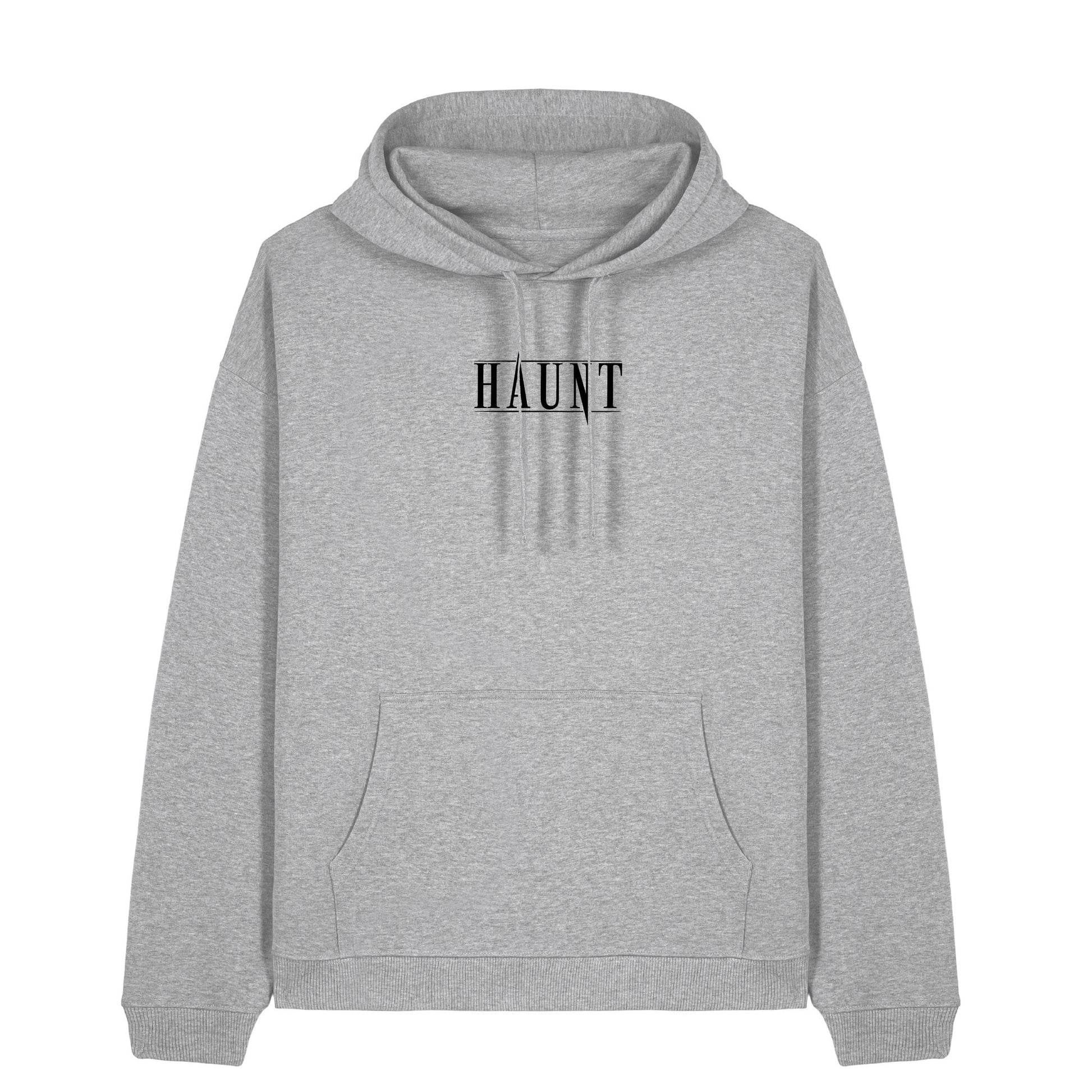 Front view of the grey Obsession hoodie from Haunt, featuring a black Haunt logo on the chest. Oversized, heavyweight streetwear with gothic tattoo influence.