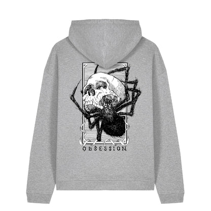 Back view of the Obsession hoodie from Haunt, showing a black and white tattoo-style skull being devoured by a spider, with the word “OBSESSION” beneath the design.
