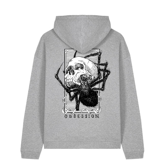 Back view of the Obsession hoodie from Haunt, showing a black and white tattoo-style skull being devoured by a spider, with the word “OBSESSION” beneath the design.