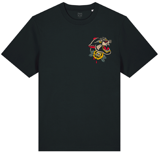 Front of the black Pocket Panther t-shirt from Haunt’s Pocket Collection featuring a bold traditional tattoo-style panther head above a classic rose, in vibrant red, yellow, green, and beige tones.