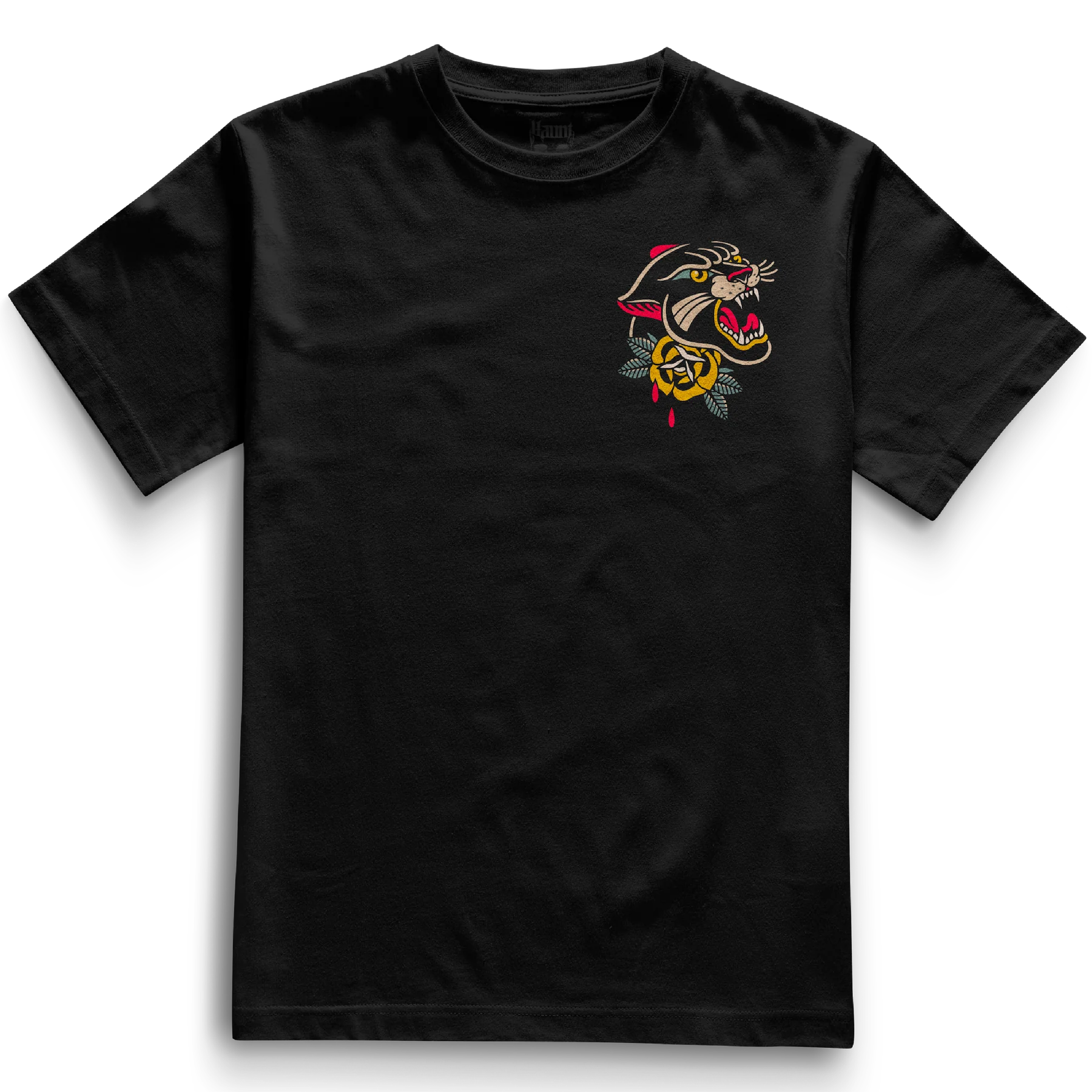 Front of the black Pocket Panther t-shirt from Haunt’s Pocket Collection featuring a bold traditional tattoo-style panther head above a classic rose, in vibrant red, yellow, green, and beige tones.
