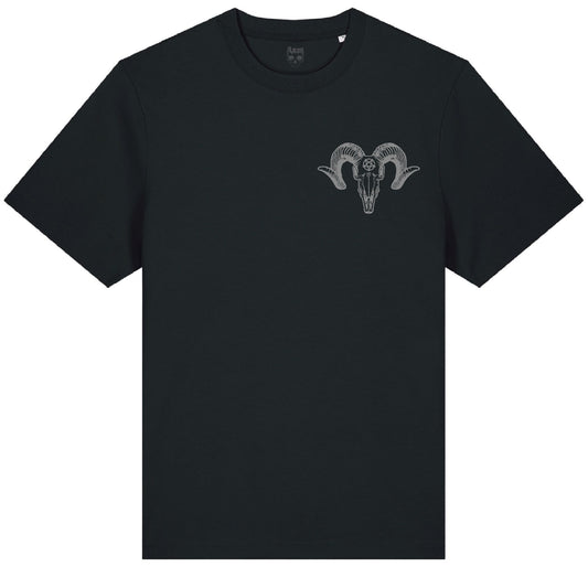 Front of the black Pocket Ramskull t-shirt from Haunt’s Pocket Collection showing a grey ram skull with a pentagram on the forehead in tattoo style.