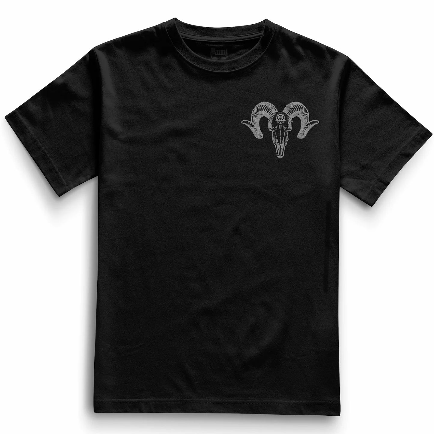 Front of the black Pocket Ramskull t-shirt from Haunt’s Pocket Collection showing a grey ram skull with a pentagram on the forehead in tattoo style.