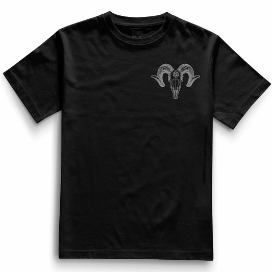 Front of the black Pocket Ramskull t-shirt from Haunt’s Pocket Collection showing a grey ram skull with a pentagram on the forehead in tattoo style.