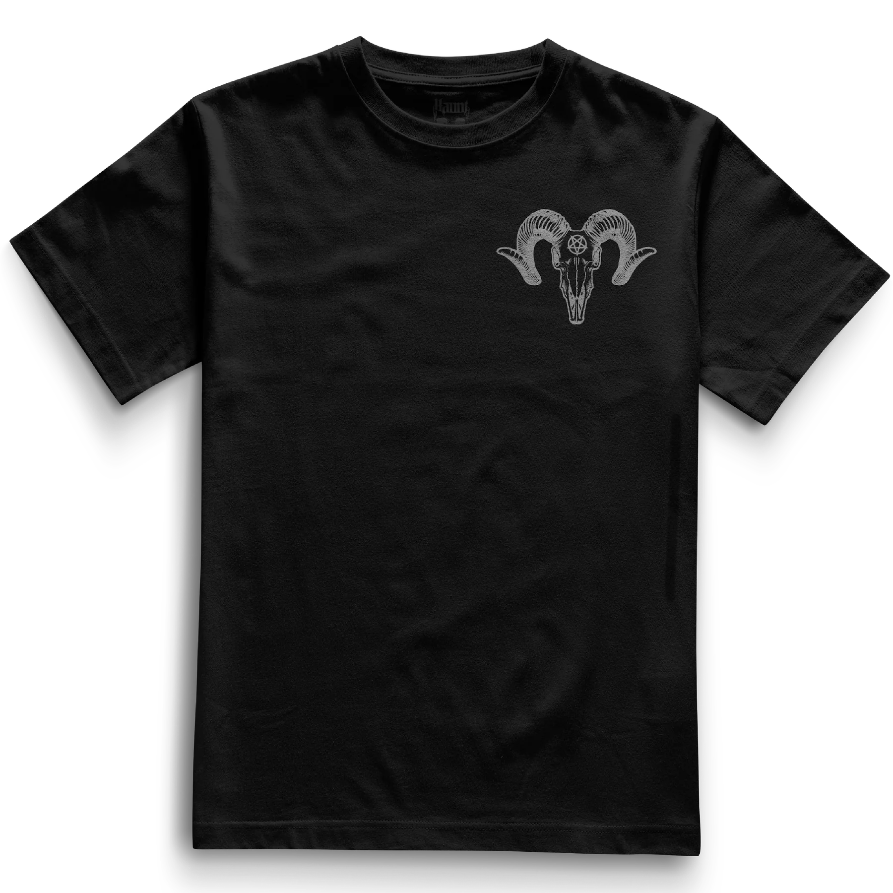 Front of the black Pocket Ramskull t-shirt from Haunt’s Pocket Collection showing a grey ram skull with a pentagram on the forehead in tattoo style.

