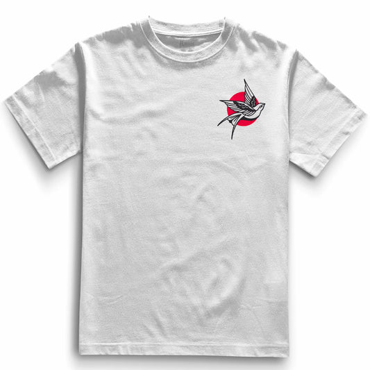 White heavyweight t-shirt with a pocket-sized tattoo-style swallow design flying in front of a bold red sun, traditional japanese style positioned on the left chest.