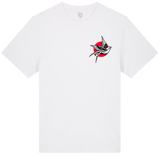 Front of the white Pocket Swallow t-shirt from Haunt’s Pocket Collection, featuring a black and white traditional tattoo-style swallow inside a bold red circle, blending Japanese and classic ink art symbolism.