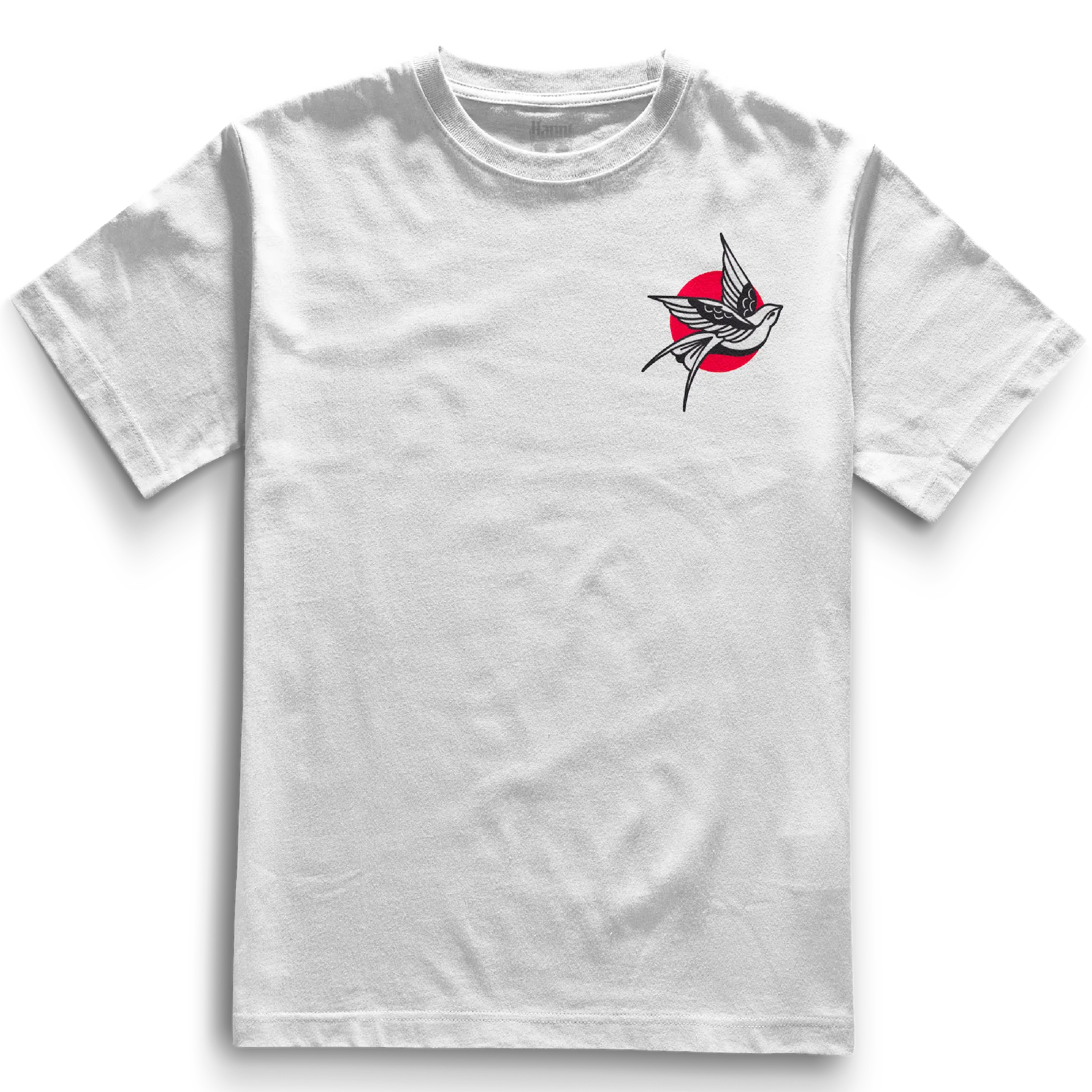 White heavyweight t-shirt with a pocket-sized tattoo-style swallow design flying in front of a bold red sun, traditional Japanese style positioned on the left chest.
