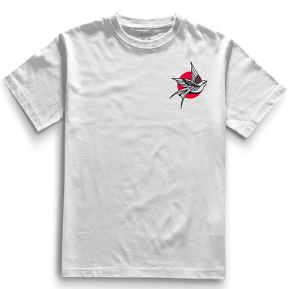 White heavyweight t-shirt with a pocket-sized tattoo-style swallow design flying in front of a bold red sun, traditional Japanese style positioned on the left chest.
