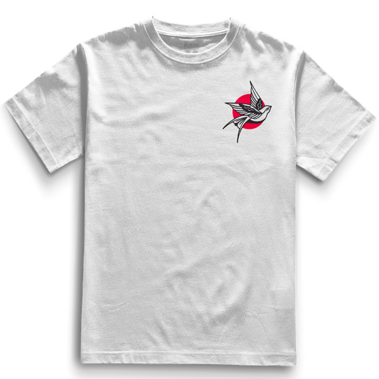 White heavyweight t-shirt with a pocket-sized tattoo-style swallow design flying in front of a bold red sun, traditional Japanese style positioned on the left chest.
