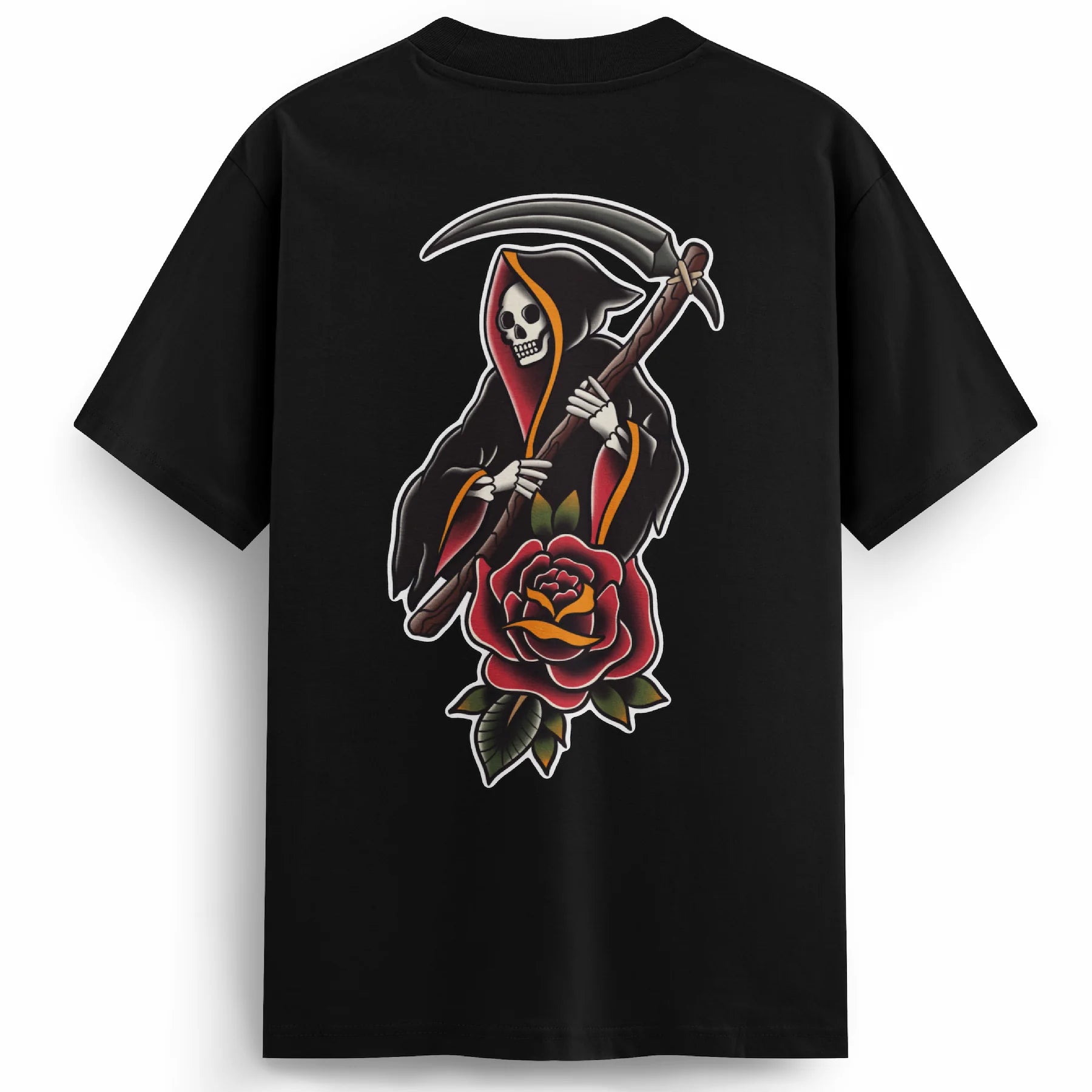 Back of the Reaper t-shirt displaying a vibrant full-colour tattoo-style grim reaper holding a scythe, with a traditional red rose beneath the design.