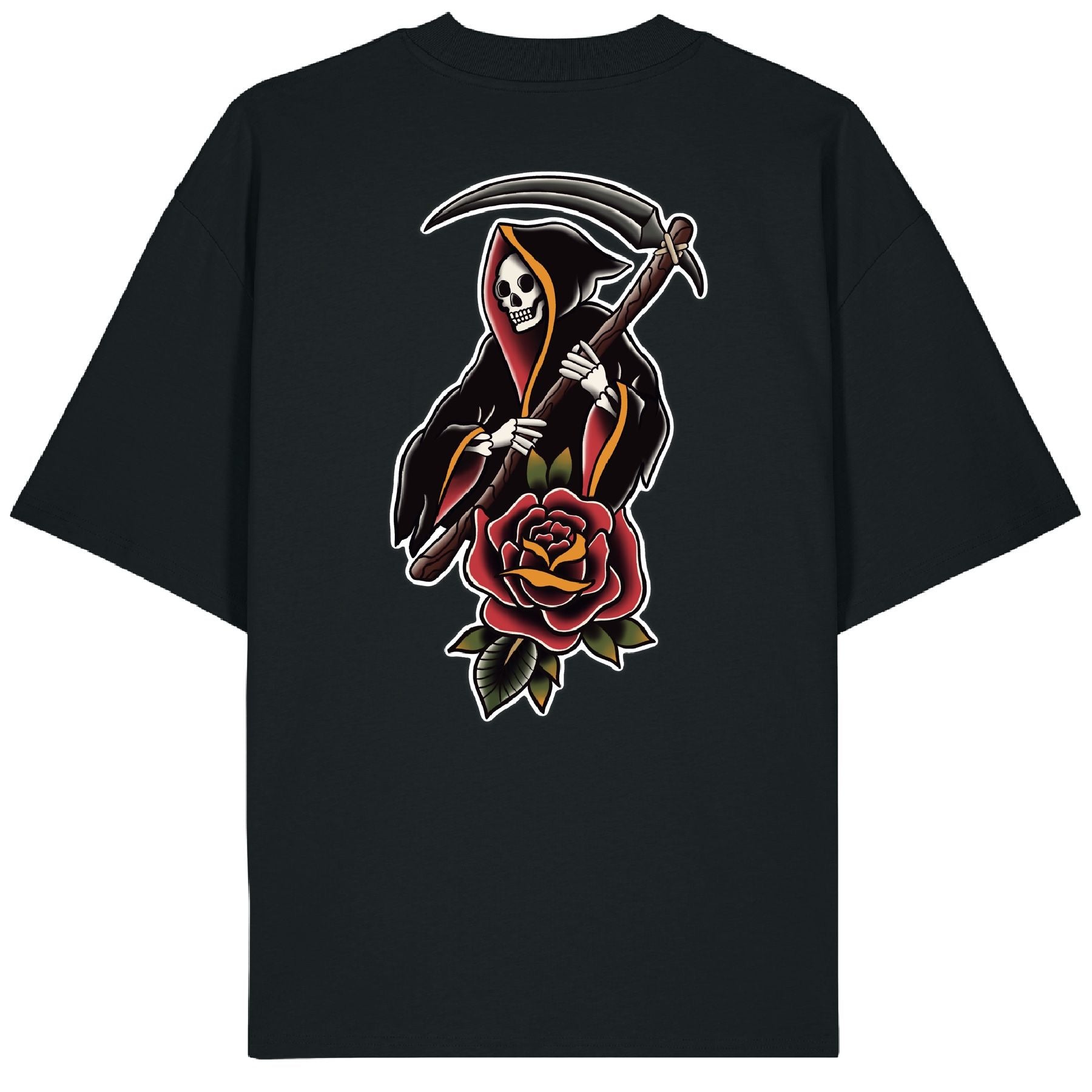 Back of the Reaper t-shirt displaying a vibrant full-color tattoo-style grim reaper holding a scythe, with a traditional red rose beneath the design.