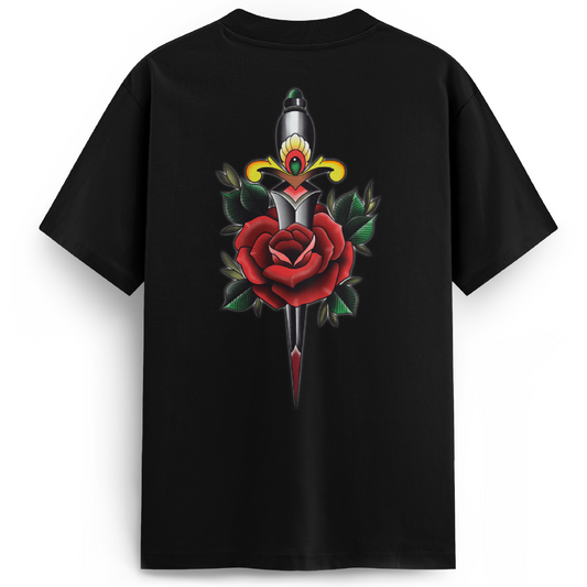 Back of the Rose and Dagger black t-shirt showcasing a traditional tattoo-style design of a red rose pierced by a classic dagger, with vibrant full-colour detailing.