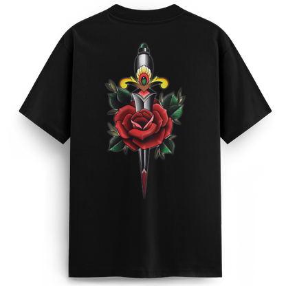 Back of the Rose and Dagger black t-shirt showcasing a traditional tattoo-style design of a red rose pierced by a classic dagger, with vibrant full-colour detailing.