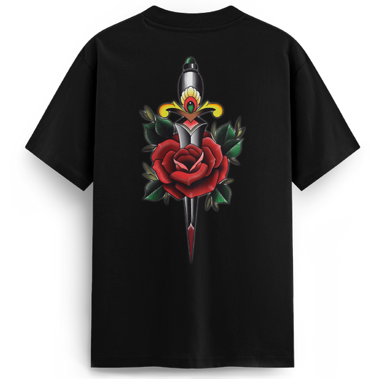 Back of the Rose and Dagger black t-shirt showcasing a traditional tattoo-style design of a red rose pierced by a classic dagger, with vibrant full-colour detailing.