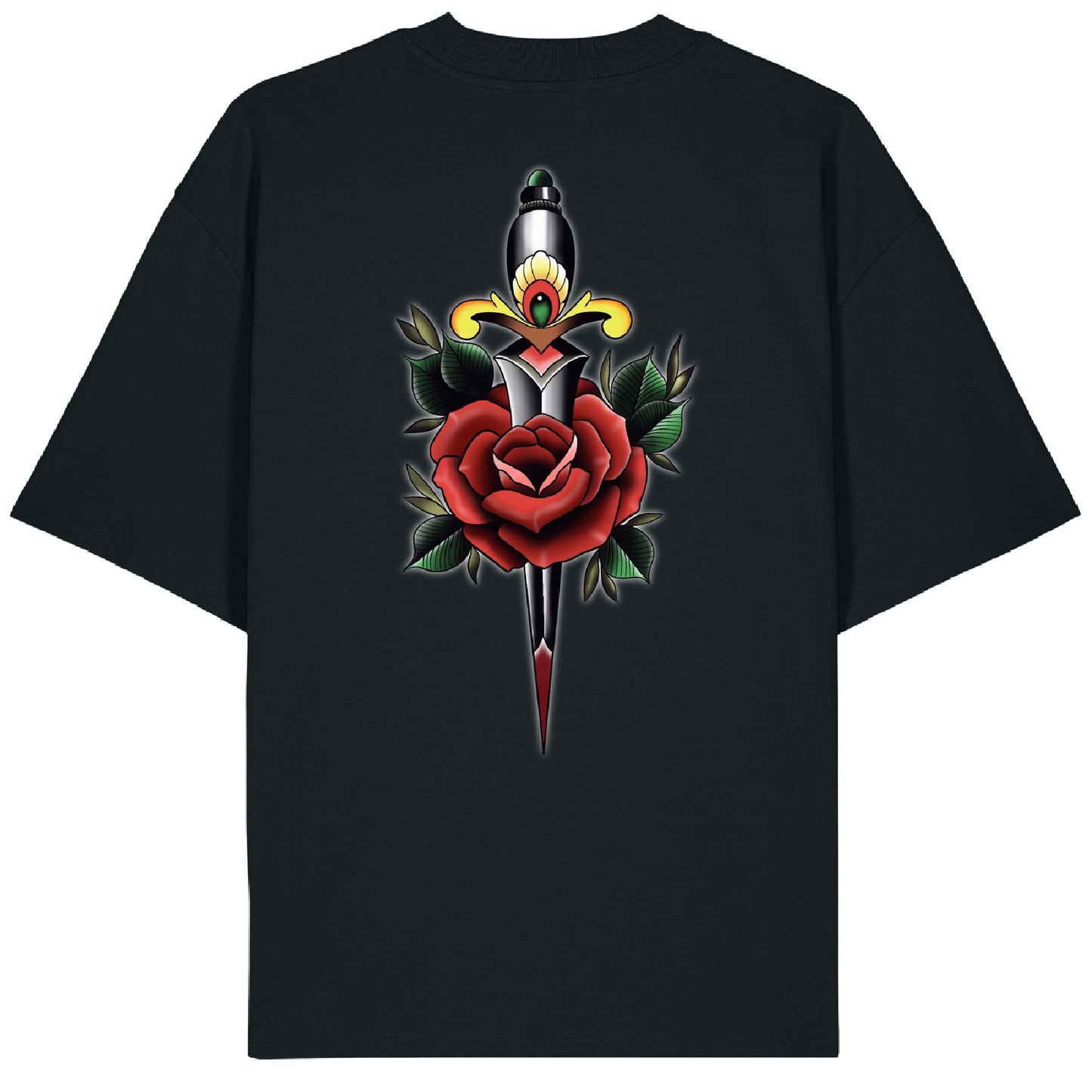 Back of the Rose and Dagger black t-shirt showcasing a traditional tattoo-style design of a red rose pierced by a classic dagger, with vibrant full-color detailing.