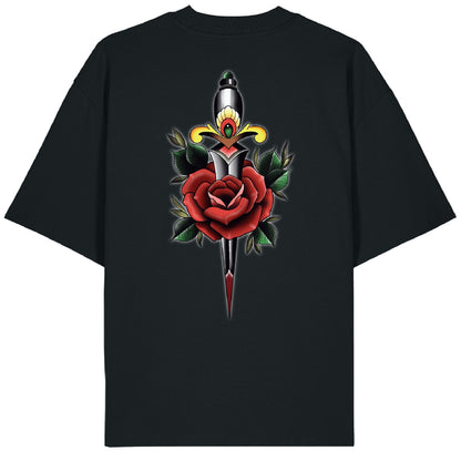 Back of the Rose and Dagger black t-shirt showcasing a traditional tattoo-style design of a red rose pierced by a classic dagger, with vibrant full-color detailing.