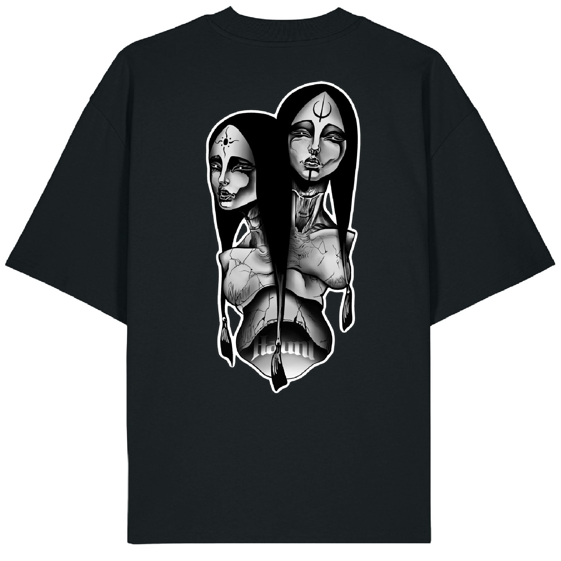 Back of the Siamese Sisters t-shirt featuring a black and grey tattoo-style design of conjoined women with symbolic marks on their foreheads, blending mystical and supernatural themes.