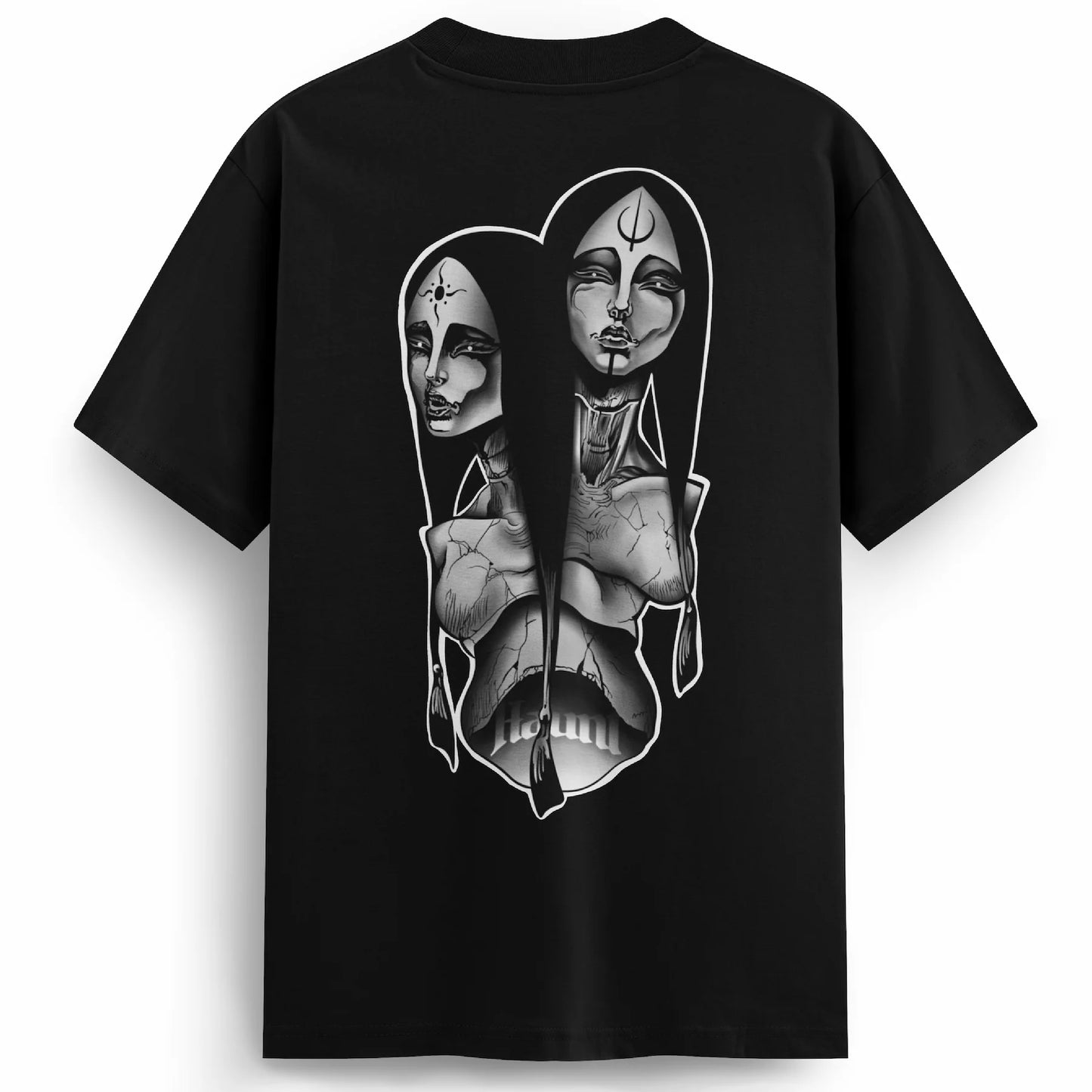 Back of the Siamese Sisters t-shirt featuring a black and grey tattoo-style design of conjoined women with symbolic marks on their foreheads, blending mystical and supernatural themes.