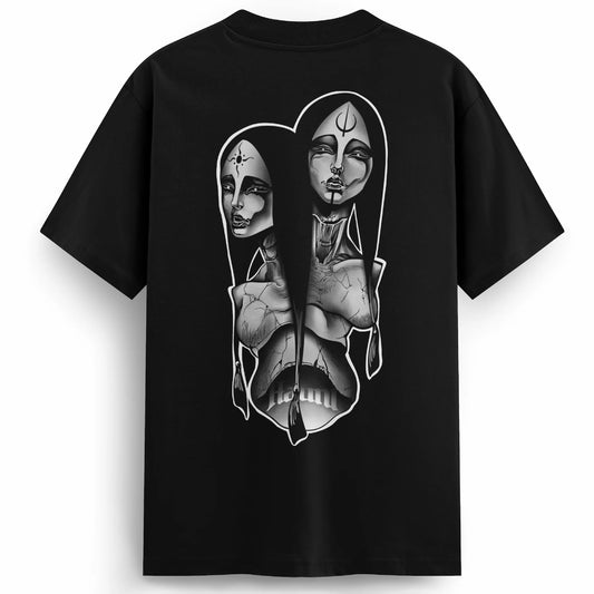 Back of the Siamese Sisters t-shirt featuring a black and grey tattoo-style design of conjoined women with symbolic marks on their foreheads, blending mystical and supernatural themes.