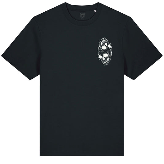 Front of the black Siamese Skulls t-shirt from Haunt’s Pocket Collection featuring two white skulls, one inverted, joined at the top in a bold tattoo-style design.